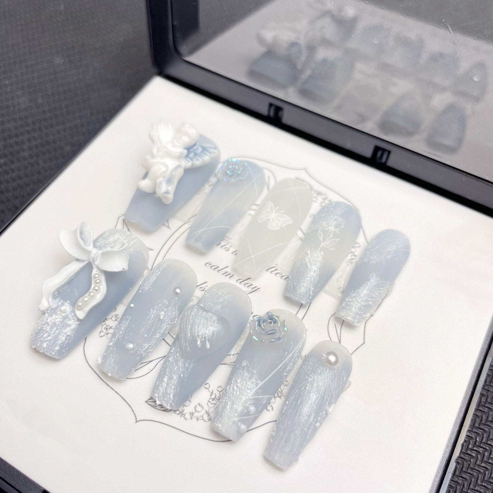 3D 석고 천사 가짜 손톱 광택 헤이즈 블루 수제 프레 - Pressed Flower Art 리뷰 및 가격